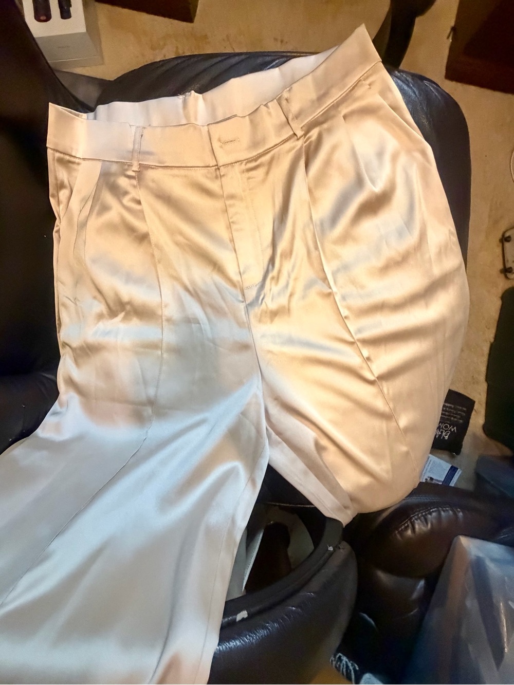Fashion Nova Satin Pleated High-Waist Trousers in Cream